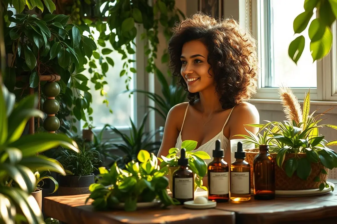 Mulher cuidando do cabelo com produtos naturais em ambiente aconchegante