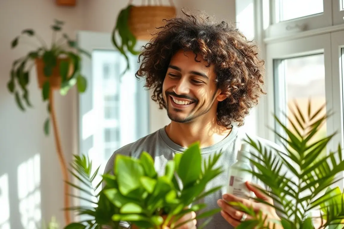 Mulher e homem com cabelos cacheados segurando cosméticos naturais em ambiente acolhedor
