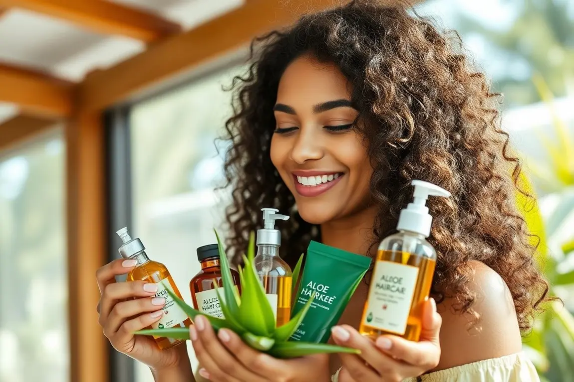 Mulher sorrindo com cabelos cacheados macios e brilhantes segurando ingredientes naturais