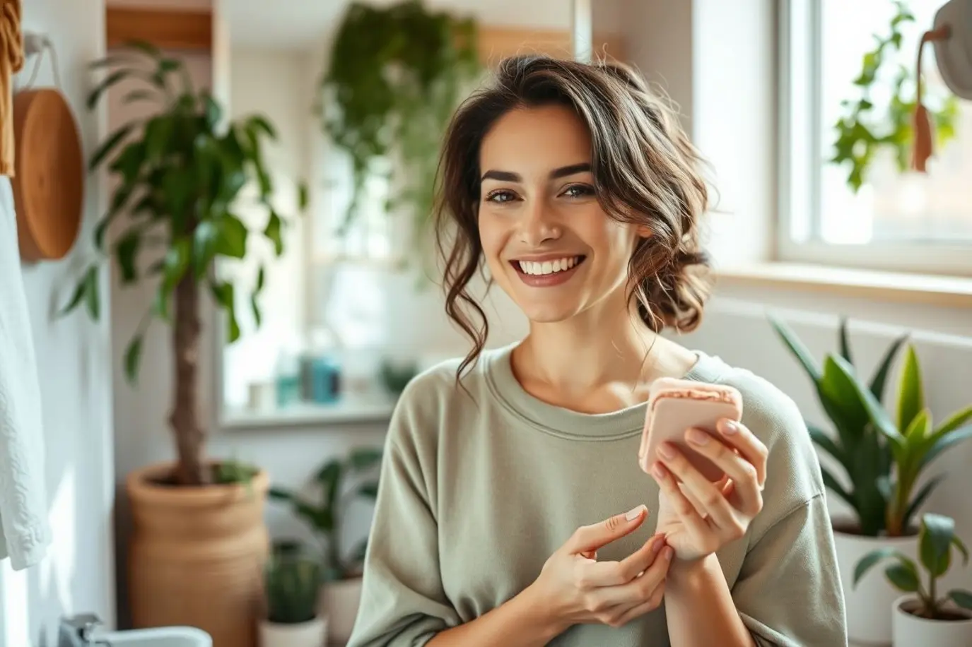 Mulher segurando sabonete de argila rosa em banheiro acolhedor e iluminado