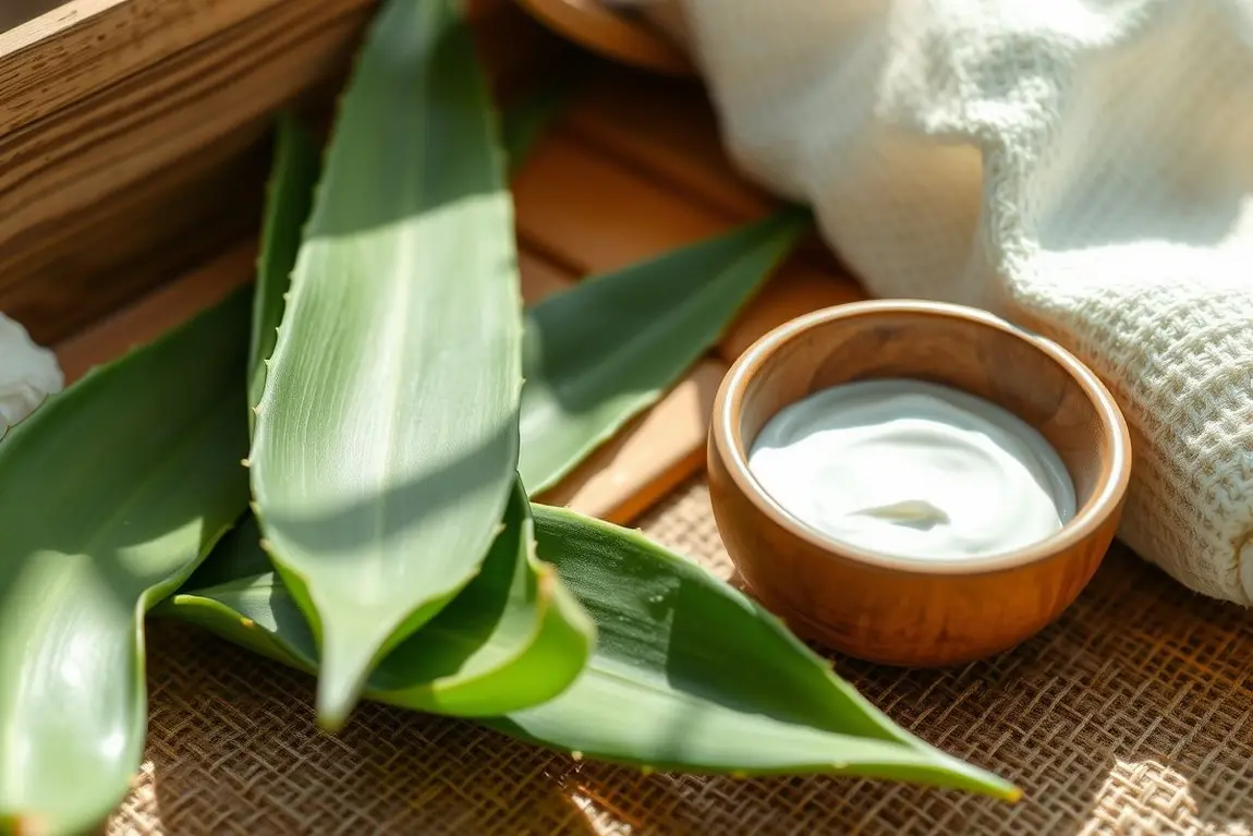 Espaço acolhedor com folhas de babosa e recipiente com creme natural para cuidados de cabelo