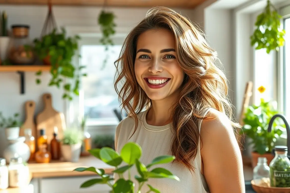 Banho de Brilho: Como Fazer em Casa e Deixar Seu Cabelo Radiante! 1 Mulher feliz com cabelo brilhante em ambiente aconchegante com plantas naturais