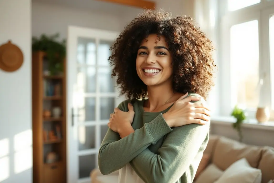 Como Ter Cachos com Maciez e Brilho Usando Produtos Naturais? 1 Mulher sorridente com cabelos cacheados naturais em ambiente acolhedor