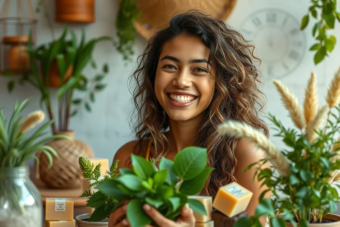 Como Fazer o Seu Cabelo Crescer Mais Rápido e Saudável com Produtos Naturais? 1 Mulher feliz com cabelos naturais longos, ao redor de sabonetes artesanais e plantas