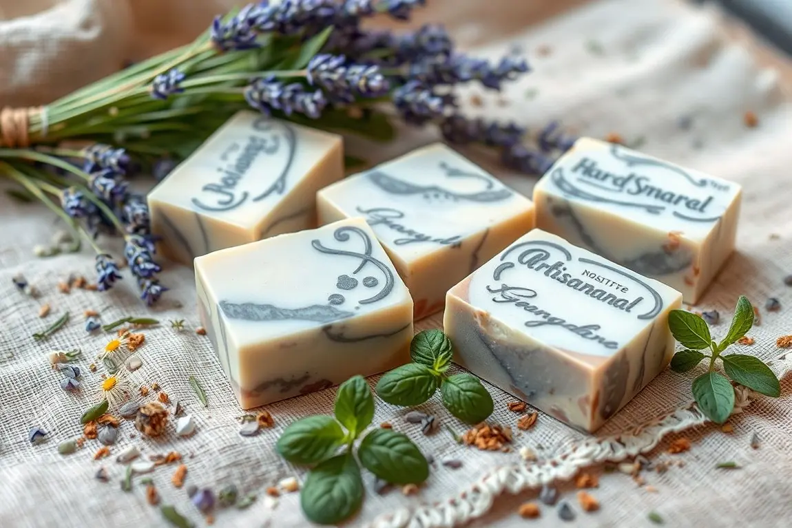 Sabonetes artesanais com ervas frescas e secas exibidos de forma harmoniosa e natural