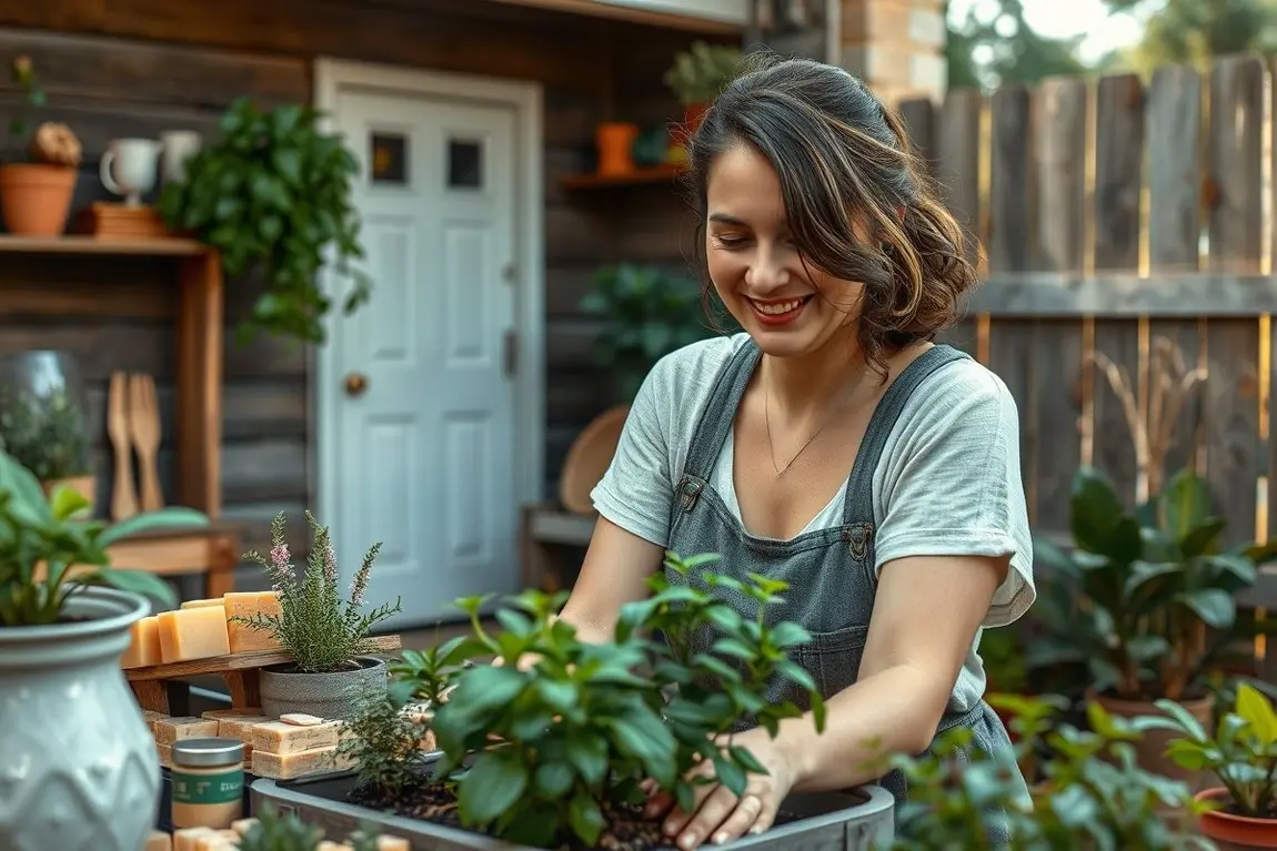 Mulher cuidando de plantas em jardim pequeno, com sabonetes artesanais ao lado