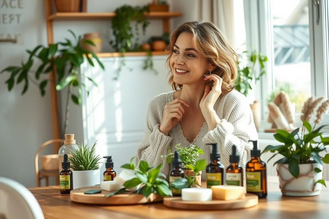 Mulher feliz usando cuidados naturais e produtos feitos à mão em ambiente acolhedor