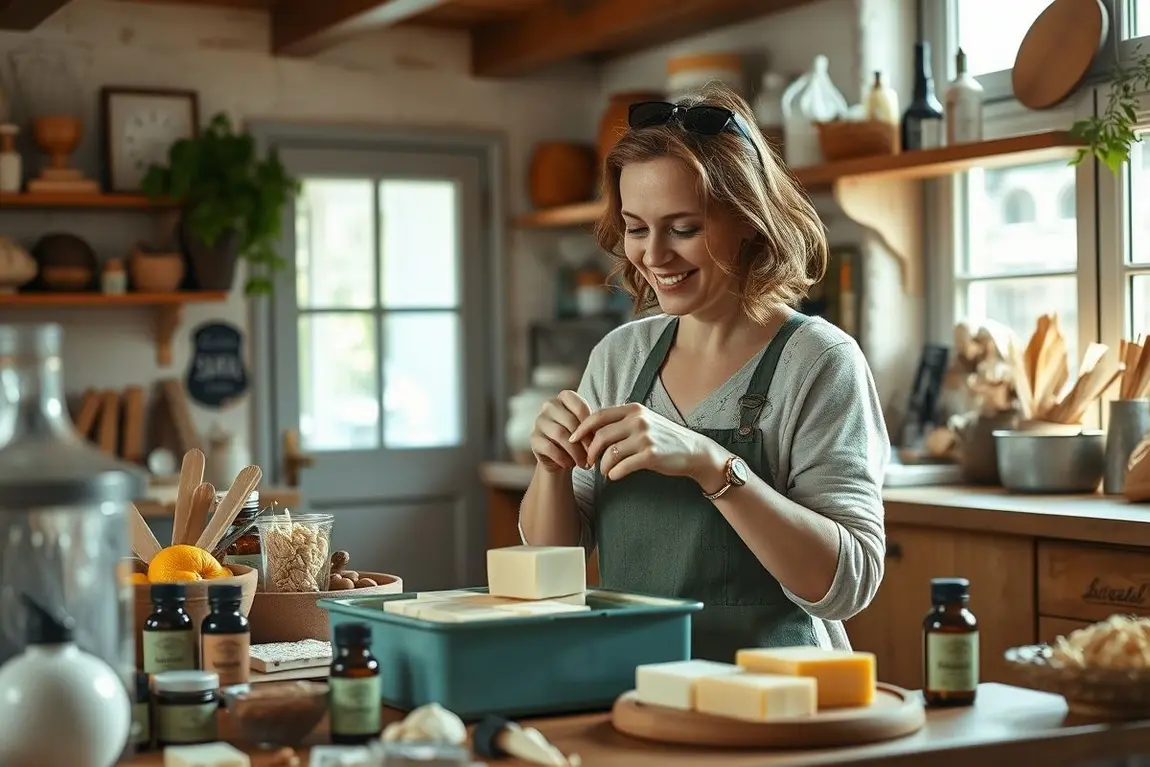 Mulher feliz fazendo sabonetes artesanais em ambiente acolhedor com ingredientes naturais