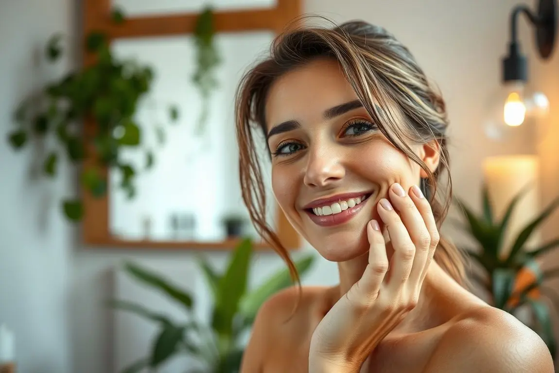 Mulher aplicando produto natural no rosto em ambiente acolhedor