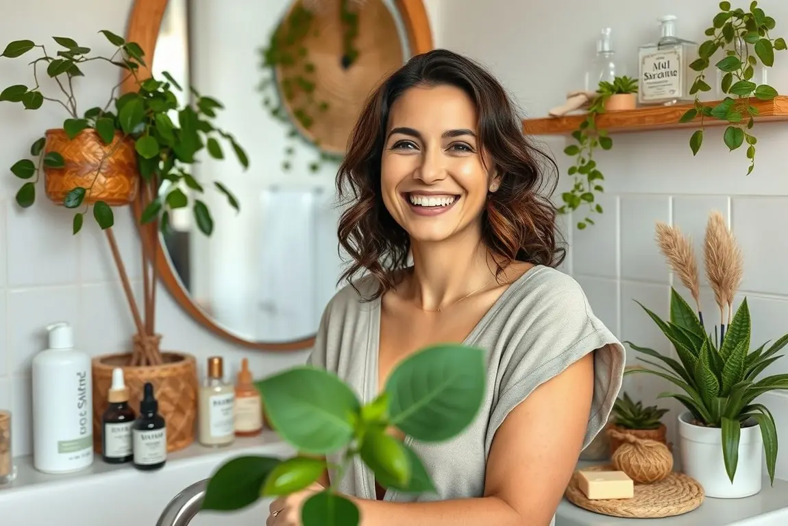 Mulher sorridente em banheiro acolhedor com produtos naturais e sabonetes artesanais