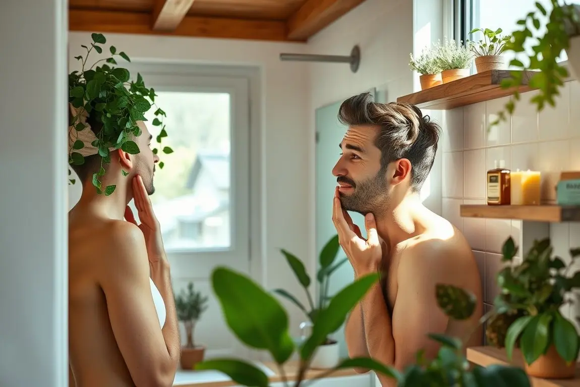Jovem casal aproveitando rotina de cuidados naturais para pele em banheiro iluminado e acolhedor