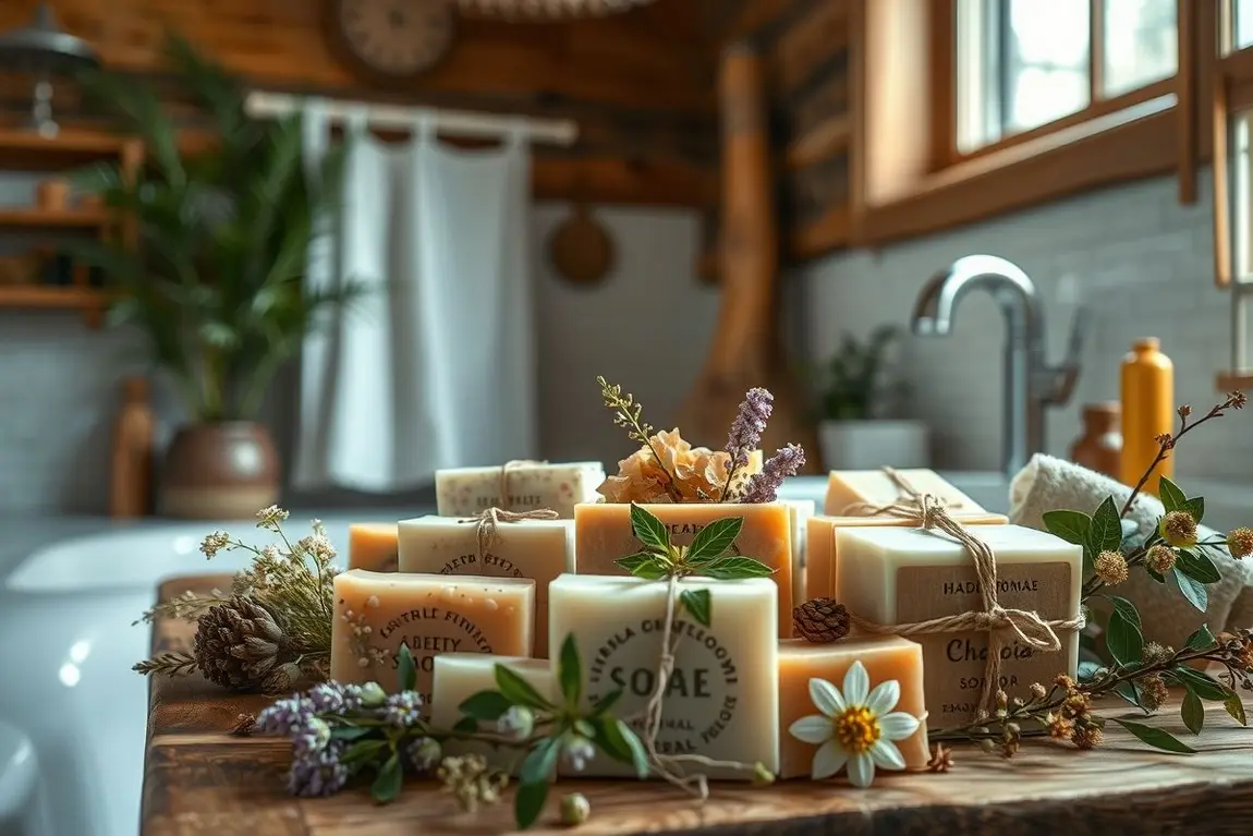 Coleção de sabonetes naturais com elementos botânicos