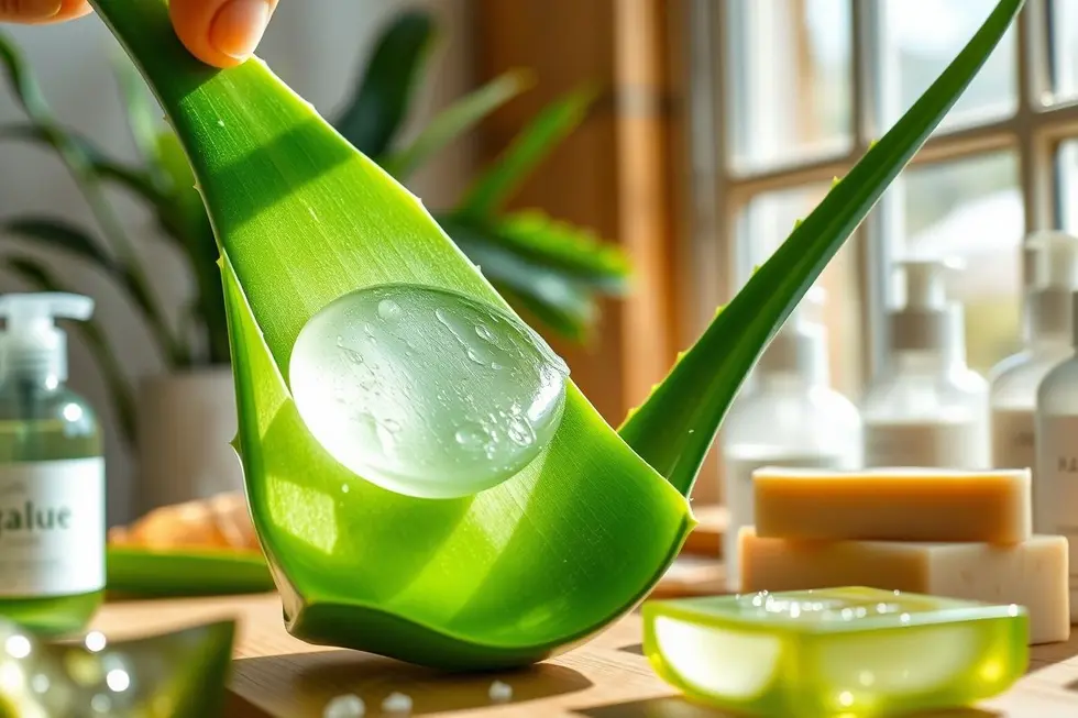 Folha de babosa sendo cortada para liberar gel, com produtos naturais de skincare ao redor.
