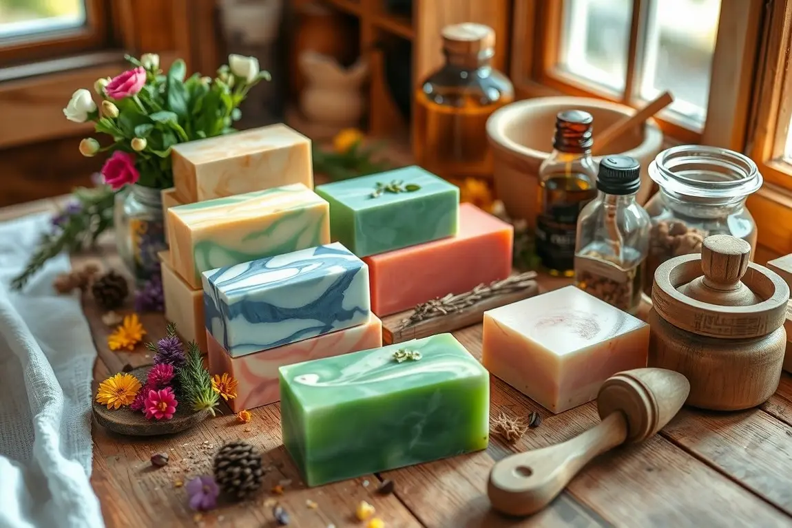 Mesa rústica com sabonetes artesanais coloridos, flores, ervas e ingredientes naturais, iluminada por luz suave