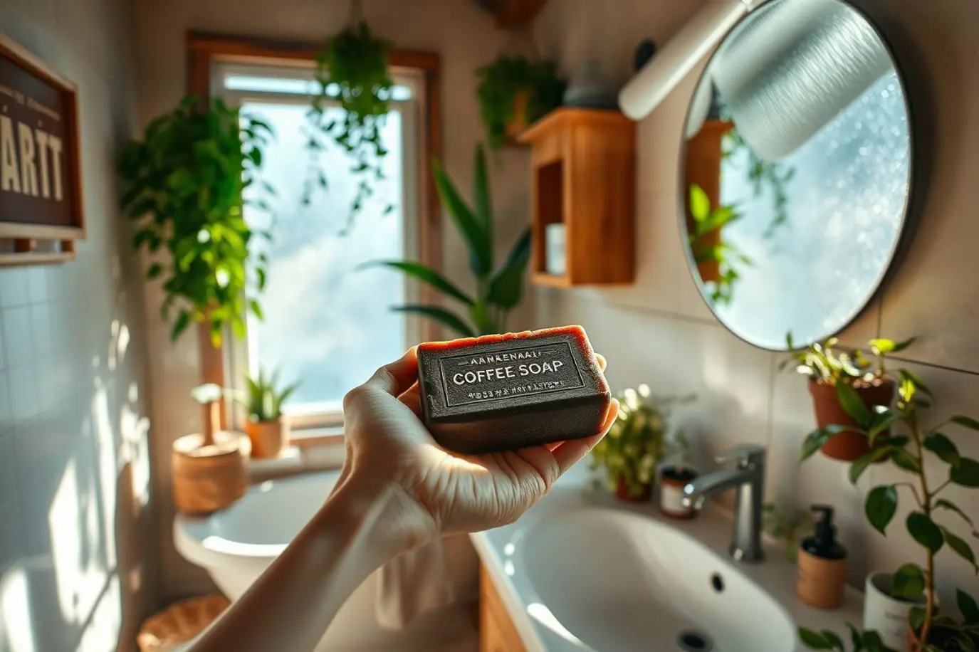 Pessoa segurando sabonete artesanal de café em banheiro com decoração natural e iluminado.