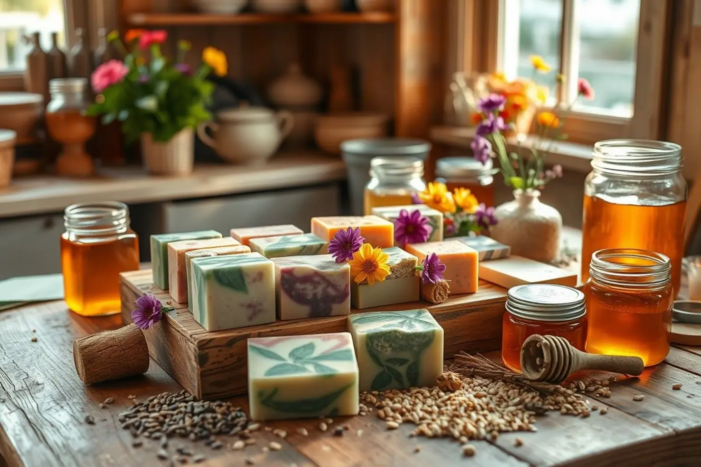 Cenário acolhedor com sabonetes artesanais de mel e ingredientes naturais sobre mesa de madeira