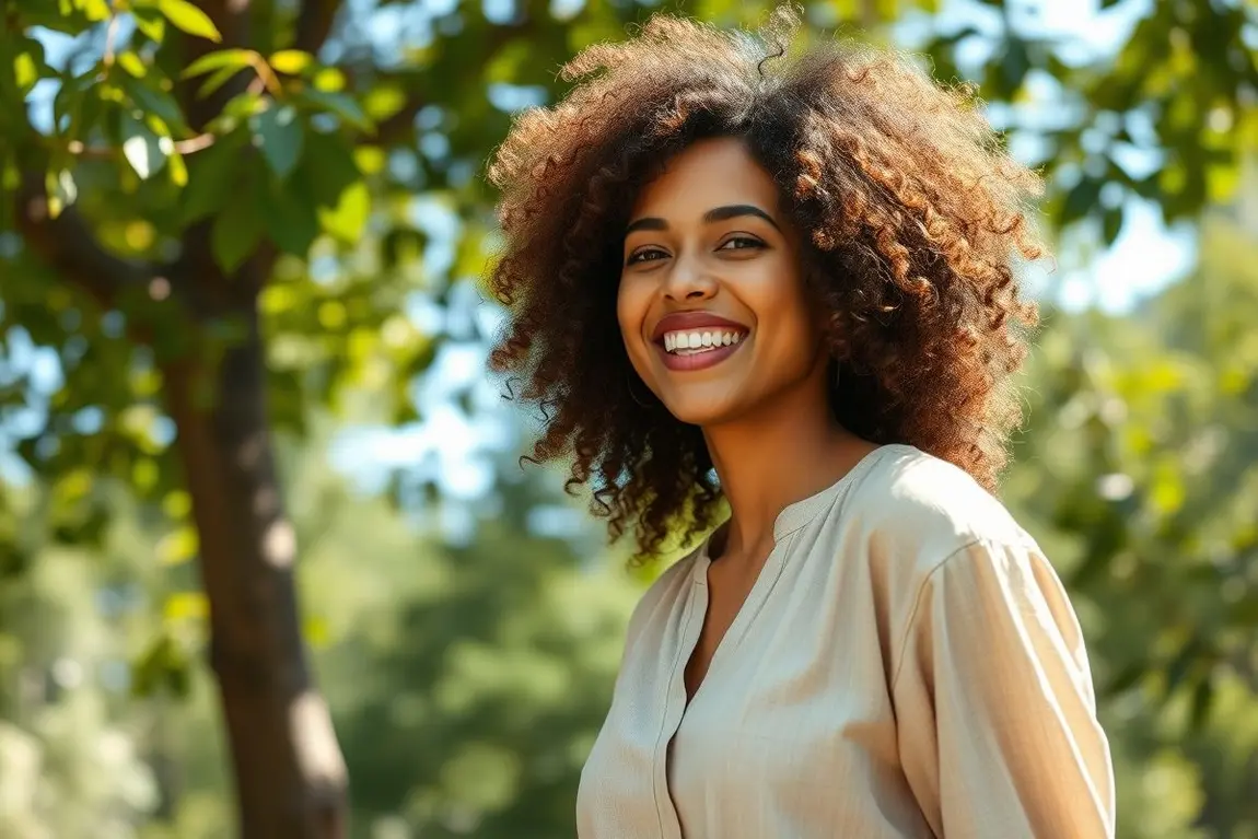 Mulher feliz com cabelos cacheados ao ar livre em ambiente natural e iluminado