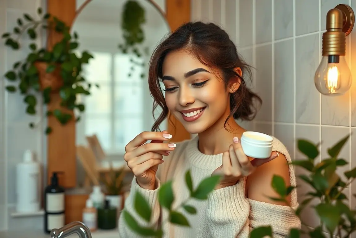 Mulher aplicando creme facial natural em ambiente acolhedor com produtos artesanais