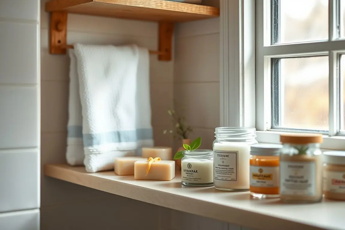 Prateleira de banheiro com sabonetes artesanais, cremes naturais, planta e luz natural suave