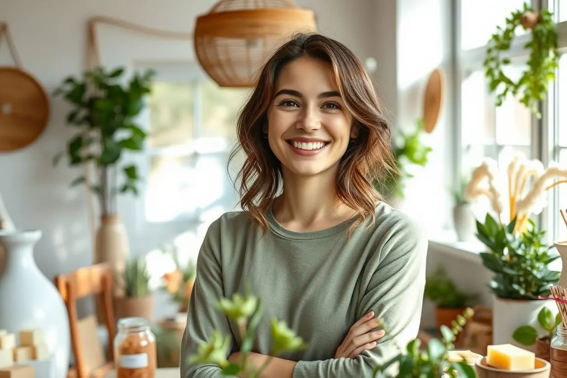 Mulher jovem em ambiente natural e acolhedor com sabonetes artesanais, sorrindo e sentindo-se relaxada.