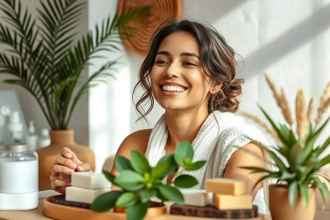 Mulher jovem feliz cuidando da pele com sabonetes artesanais em ambiente natural