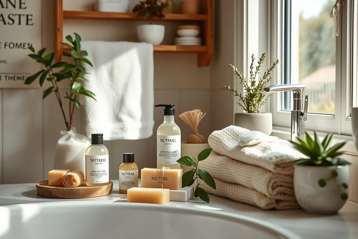 Banheiro aconchegante com produtos naturais para skincare e sabonetes artesanais