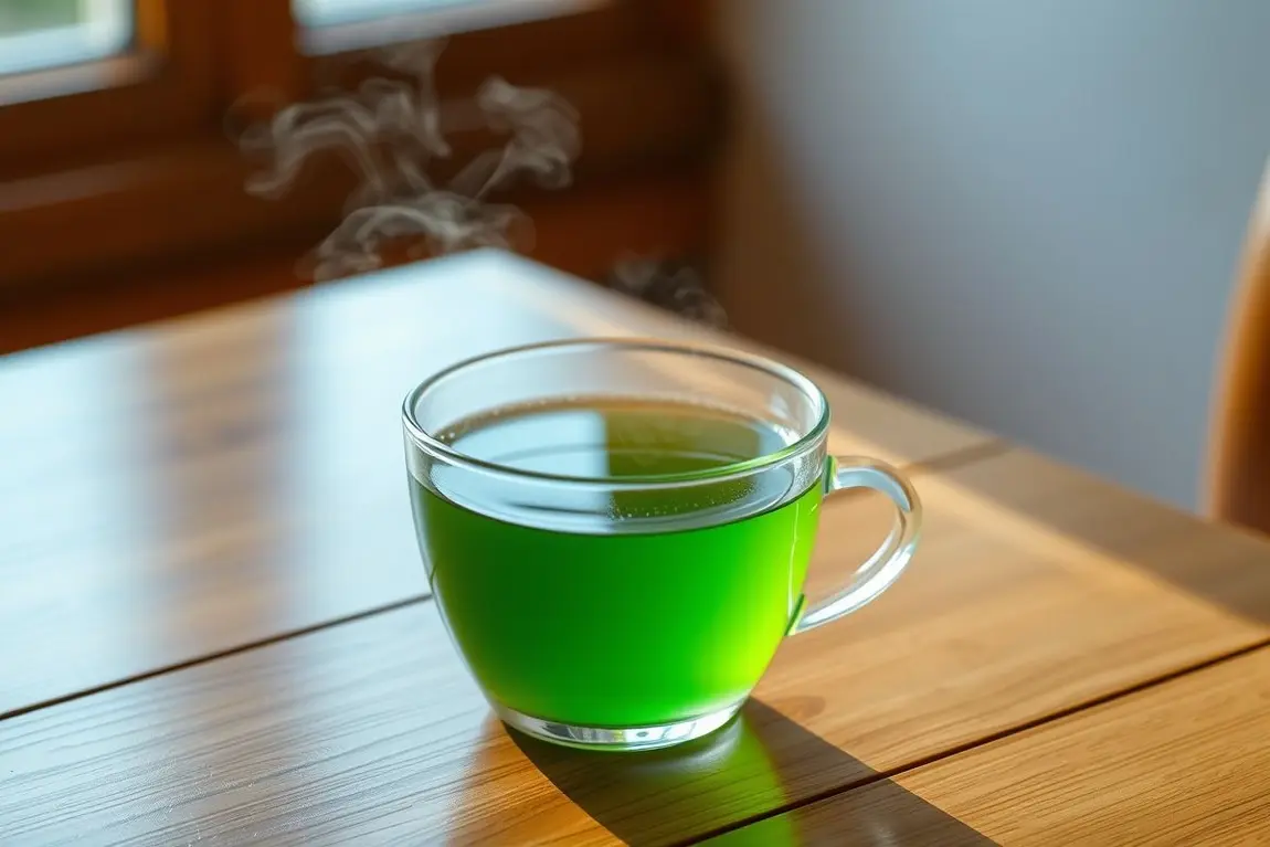 Xícara de chá verde sobre mesa de madeira