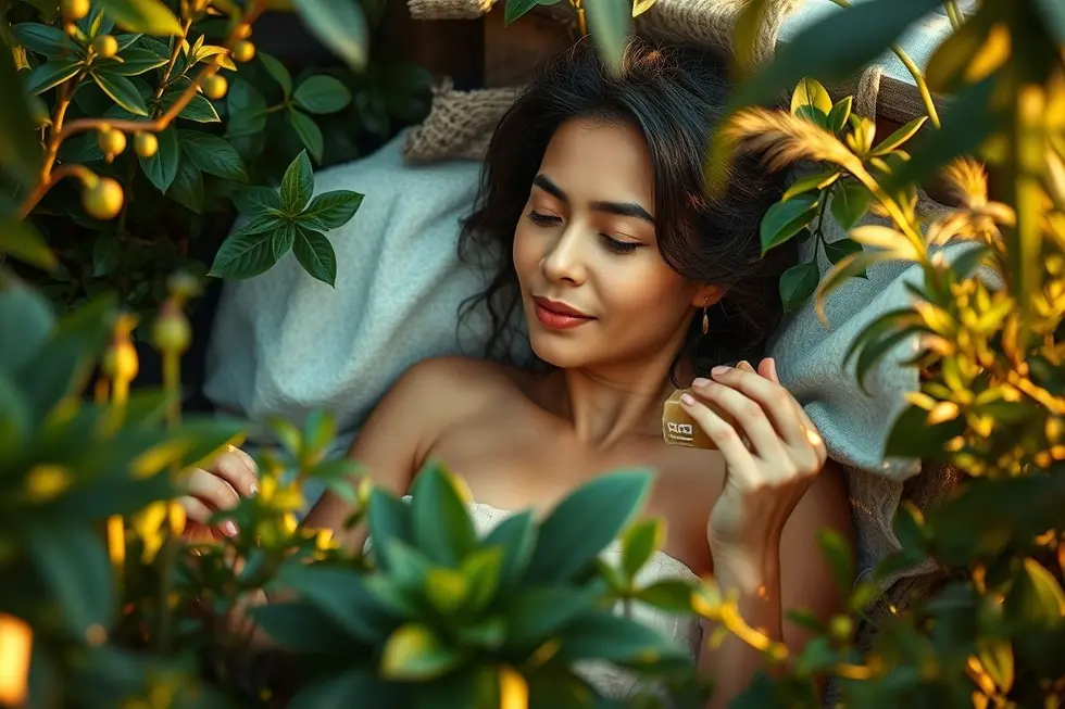 Mulher aplicando sabonete de café em pele, ambiente natural com plantas e iluminação quente.