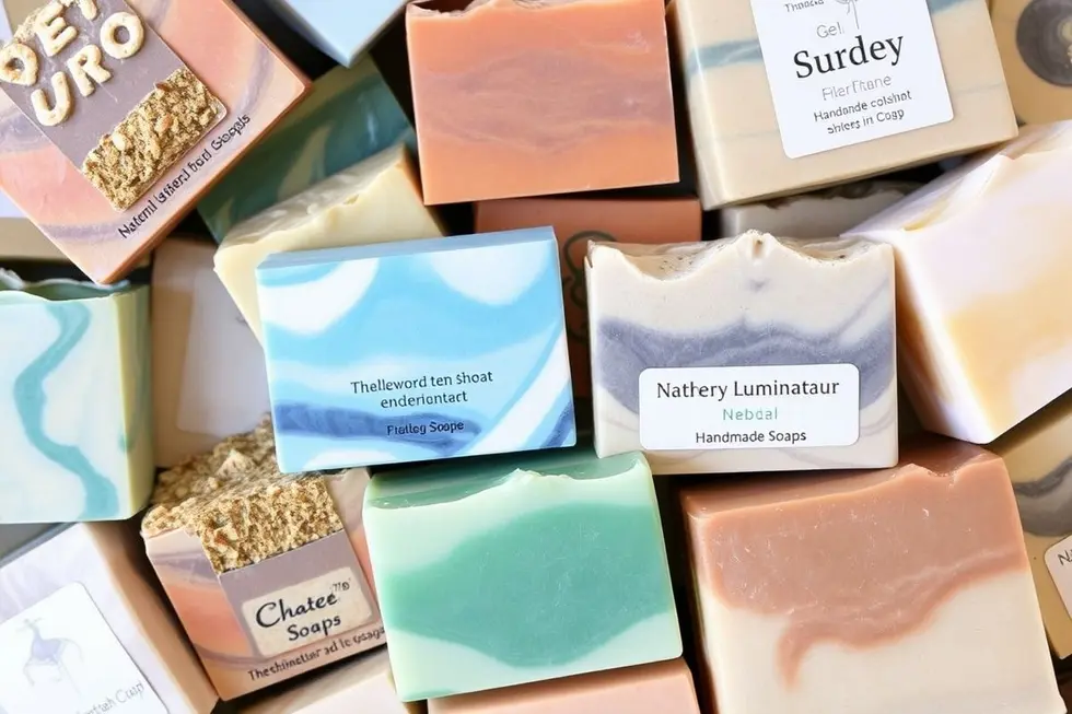 Coleção de sabonetes artesanais com diferentes cores e ingredientes naturais.