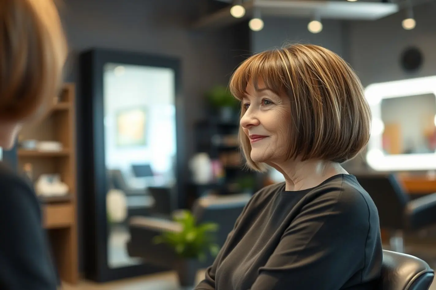Mulher com corte bob elegante no salão, acima dos 50 anos.