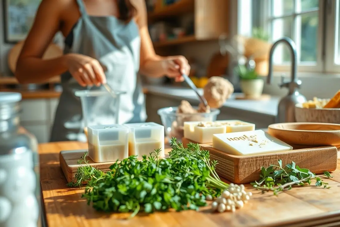 Person preparing artisanal soap with natural herbs and a bright kitchen setting.