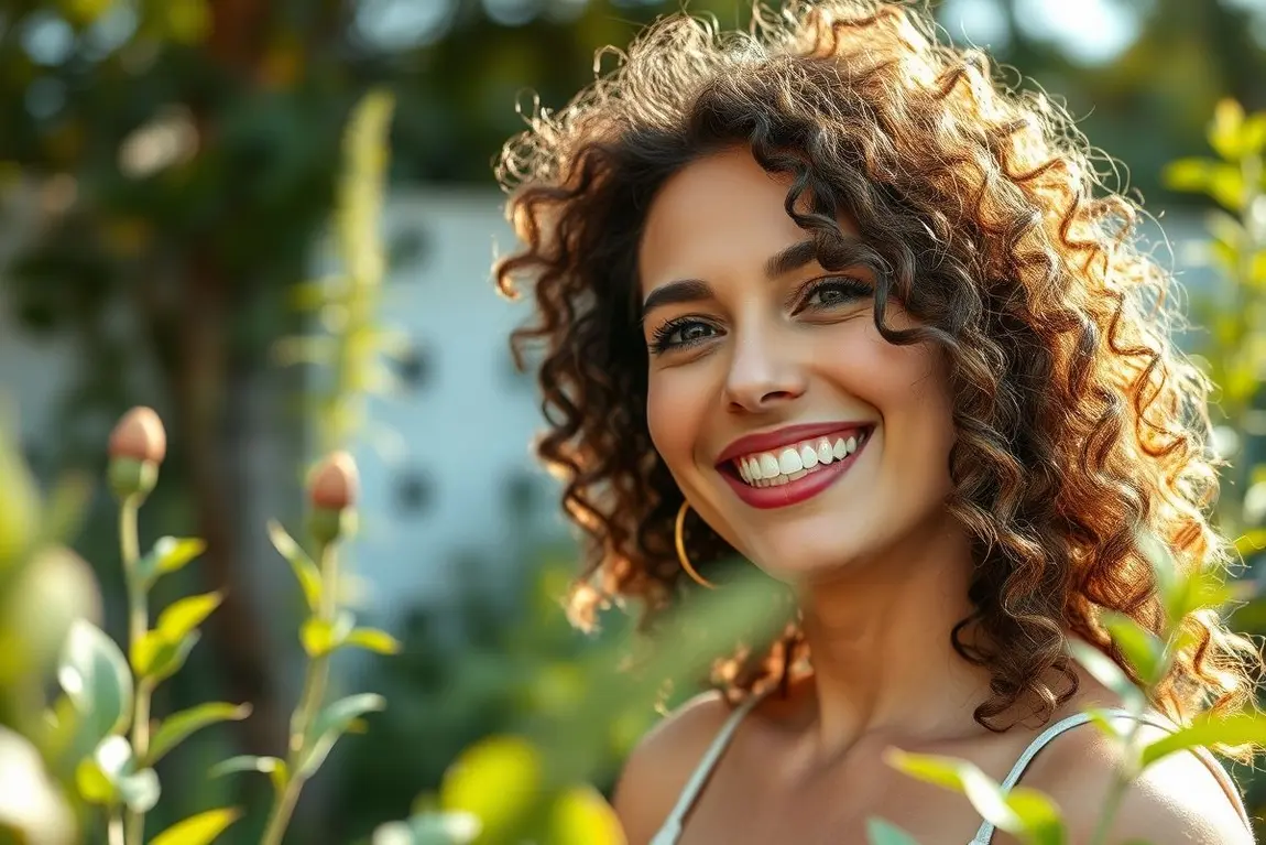 Queda Capilar: Quais os Melhores Produtos Naturais para 2025? 1 Mulher sorridente com cabelo natural saudável cercada por plantas ao ar livre