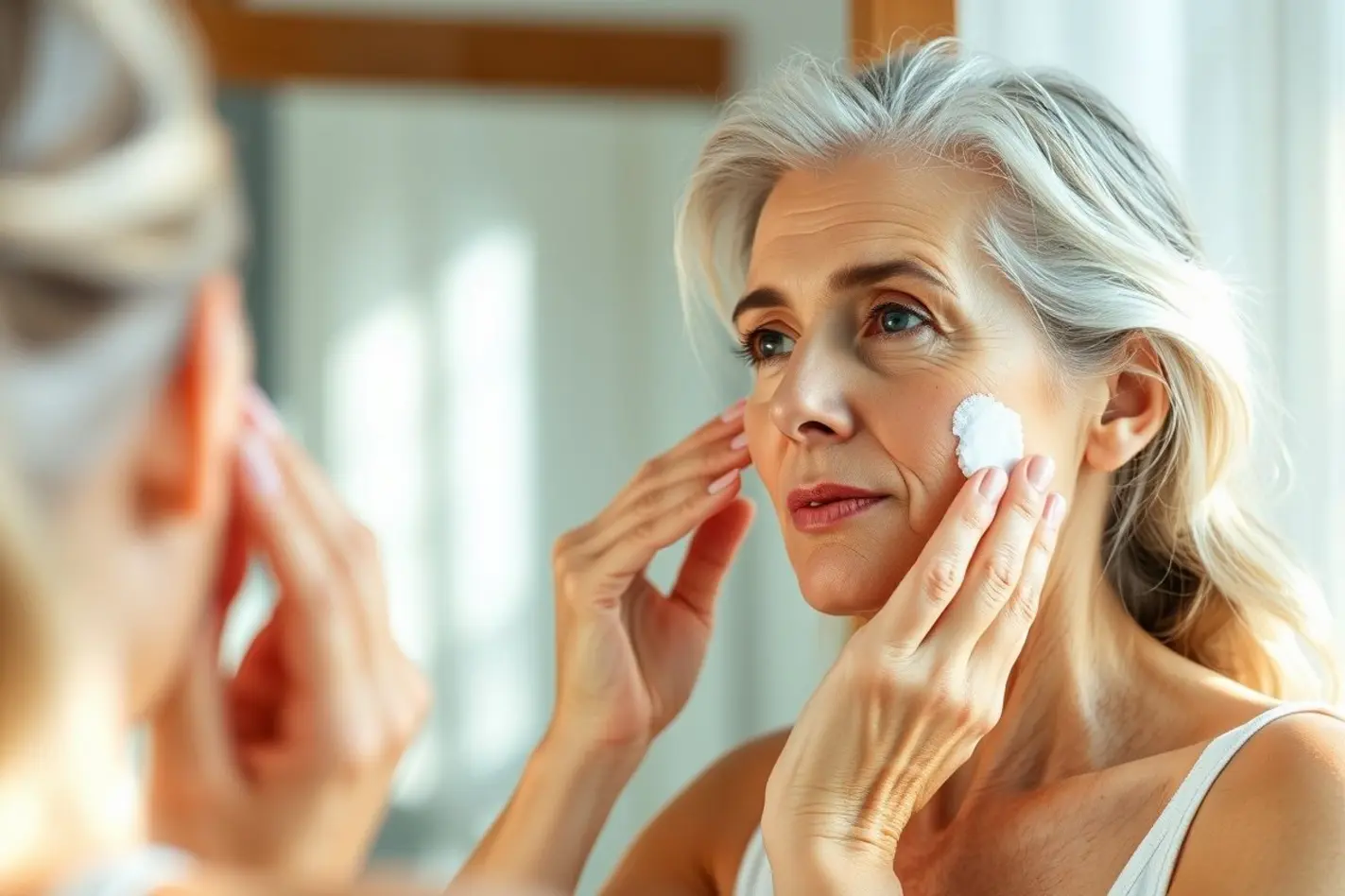 Mulher aplicando protetor solar com foco na rotina de cuidados da pele na menopausa.