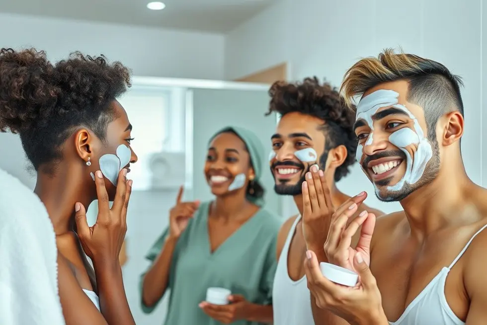 Grupo de pessoas diversas sorrindo e cuidando da pele com creme facial em ambiente claro.