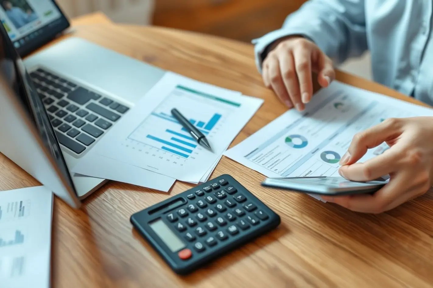 Pessoa gerenciando suas finanças pessoais com calculadora e laptop.