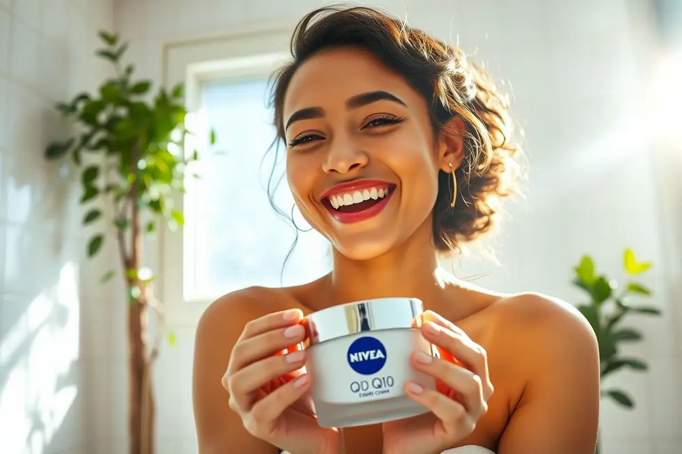 Mulher jovem e feliz segurando o creme Nivea Q10, mostrando pele luminosa e saudável
