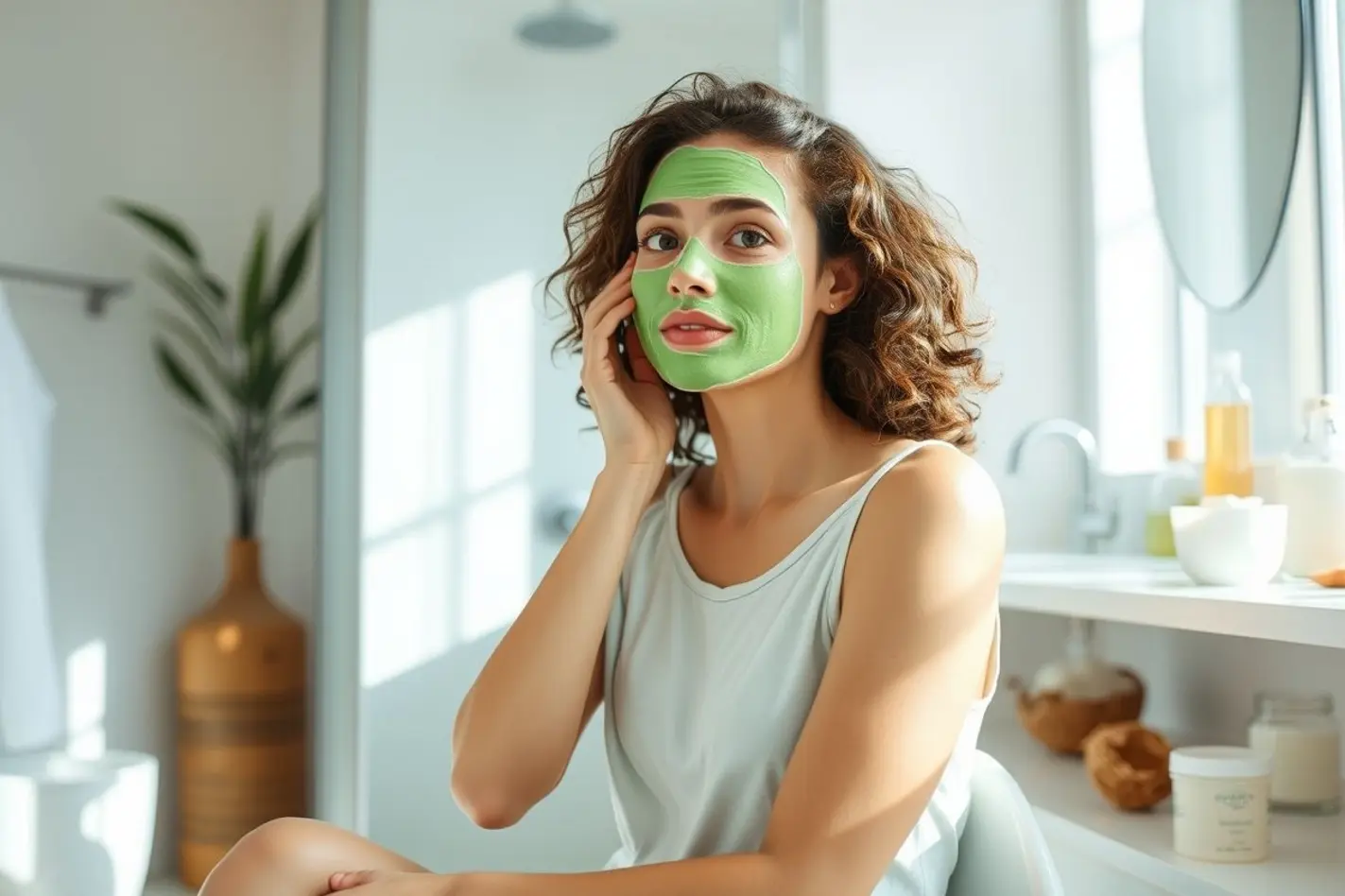 Cabelos sendo hidratados com ingredientes naturais em um ambiente iluminado.