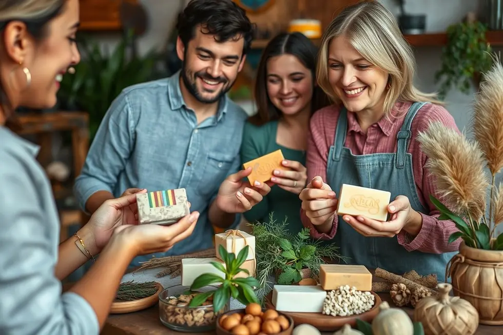 Grupo de pessoas segurando sabonetes artesanais, rodeados por ingredientes naturais e plantas em ambiente aconchegante.