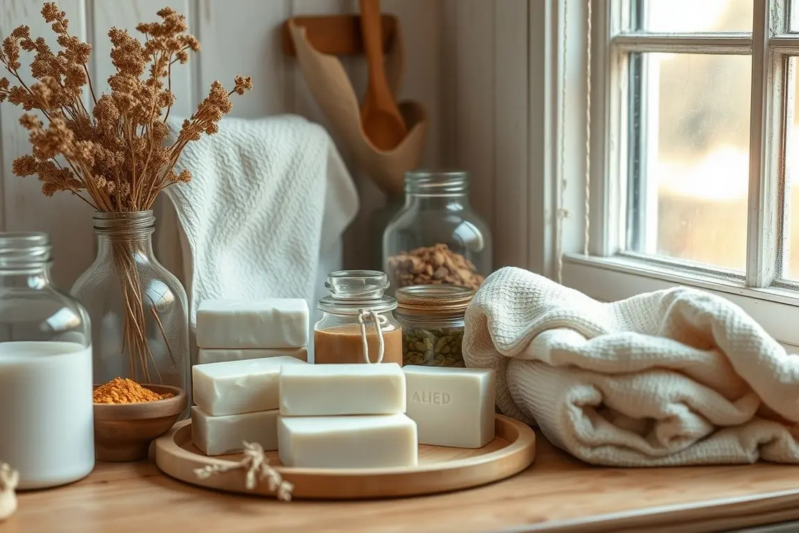 Cantinho de cuidados naturais com sabonetes artesanais, ingredientes naturais e iluminação suave.