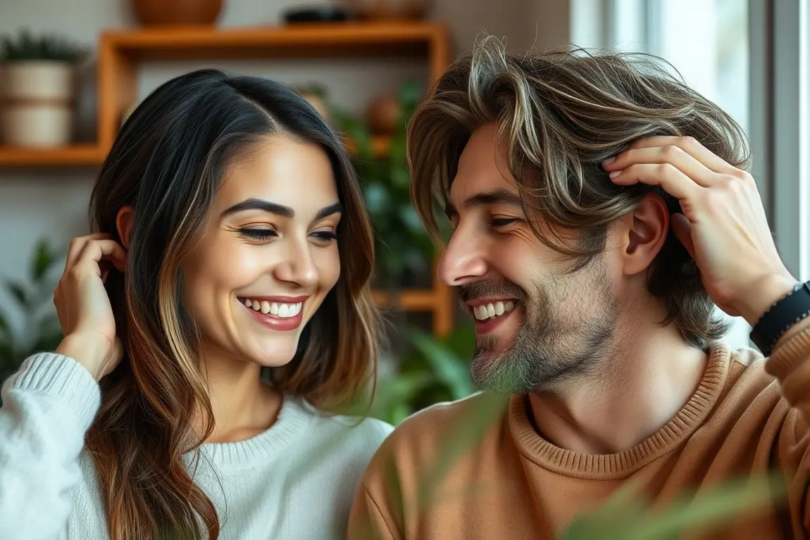Mulher e homem sorrindo e cuidando do cabelo com fios brancos em ambiente aconchegante