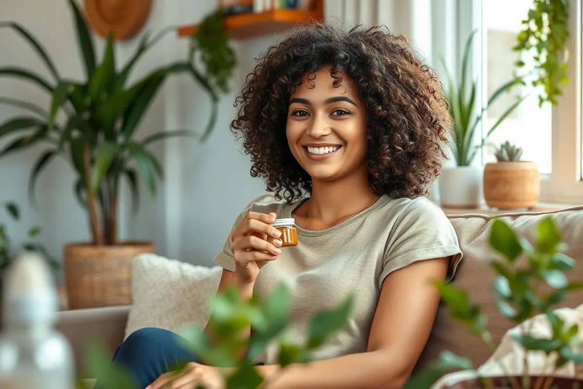 Como Cuidar de Cachos Naturais e Aproveitar o Poder dos Cosméticos Artesanais 1 Mulher jovem com cachos naturais sorrindo, segurando cosmético artesanal em ambiente acolhedor e iluminado naturalmente.