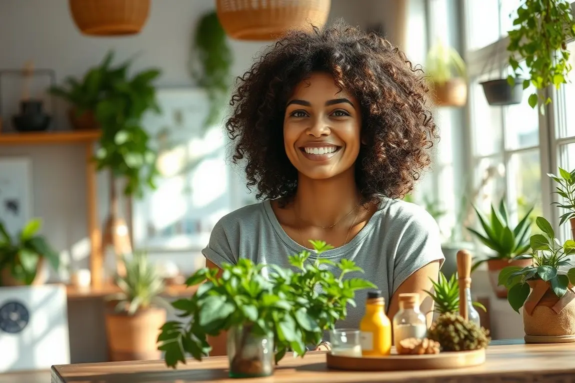 Mulher com cabelos cacheados naturais sorrindo em ambiente acolhedor com produtos naturais e plantas