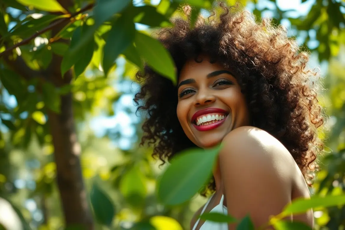 Quais Marcas Naturais Realmente Cuidam dos Cacheados? Conheça Produtores que Cumpriram o Que Prometeram! 1 Mulher feliz com cabelos cacheados naturais em ambiente verde ao ar livre