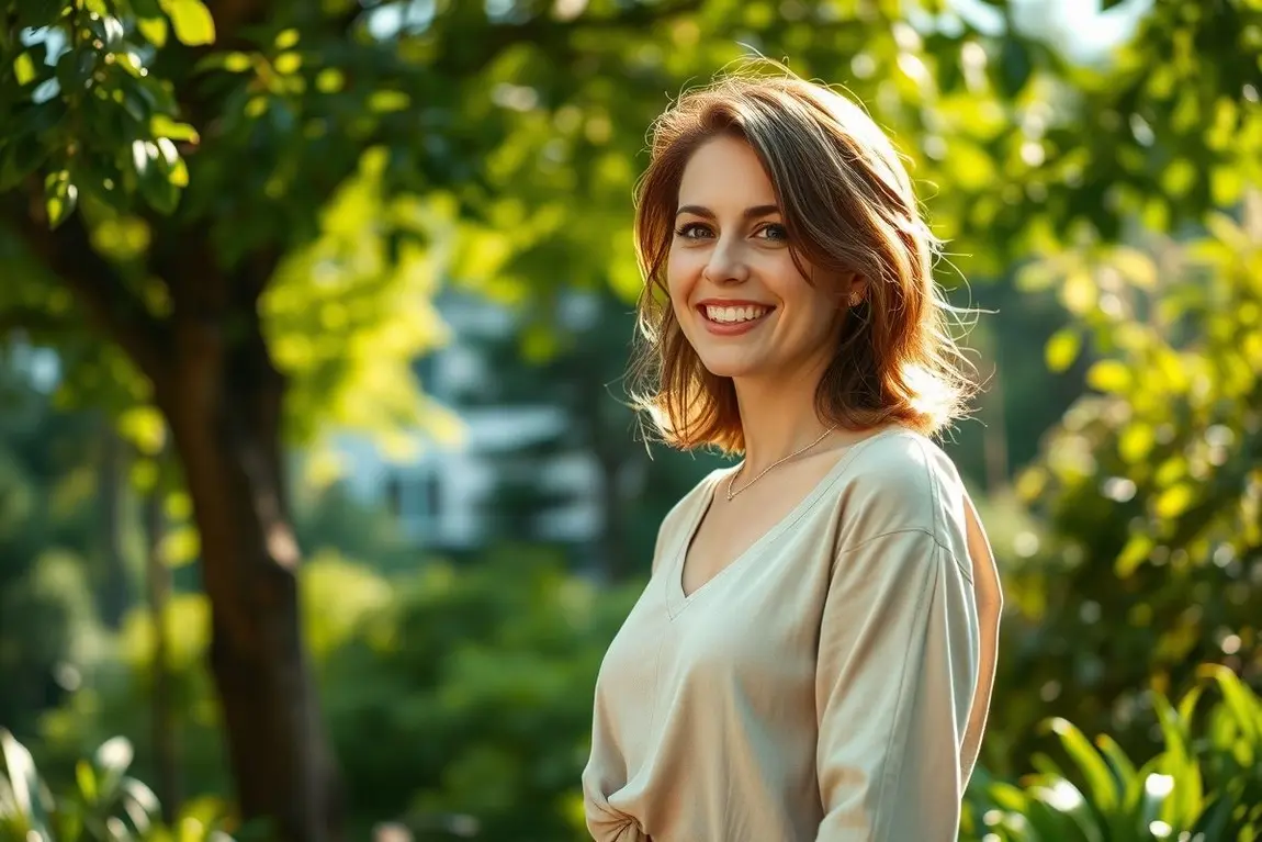 Mulher entre 25 e 45 anos sorrindo em ambiente natural, cuidando da pele