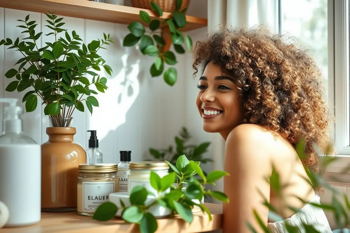 Cantinho de beleza com produtos naturais artesanais e mulher com cabelo cacheado sorrindo.