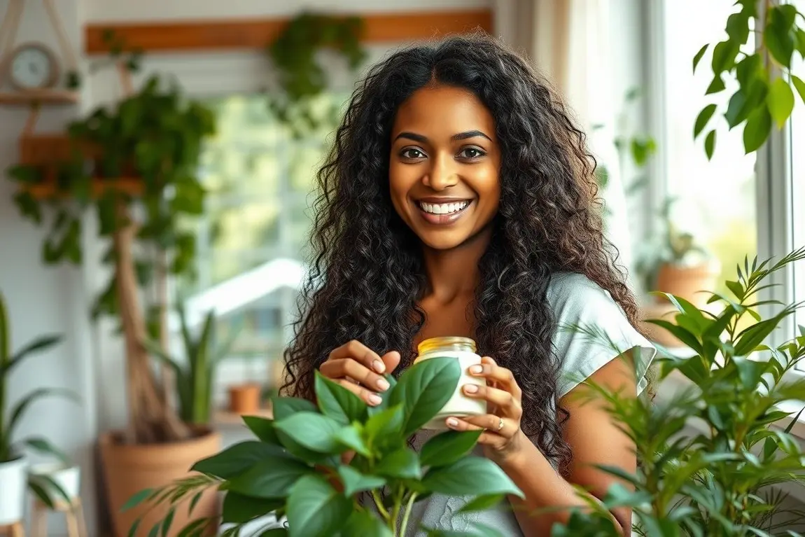Mulher sorrindo com cabelo longo natural e cosméticos naturais em ambiente acolhedor