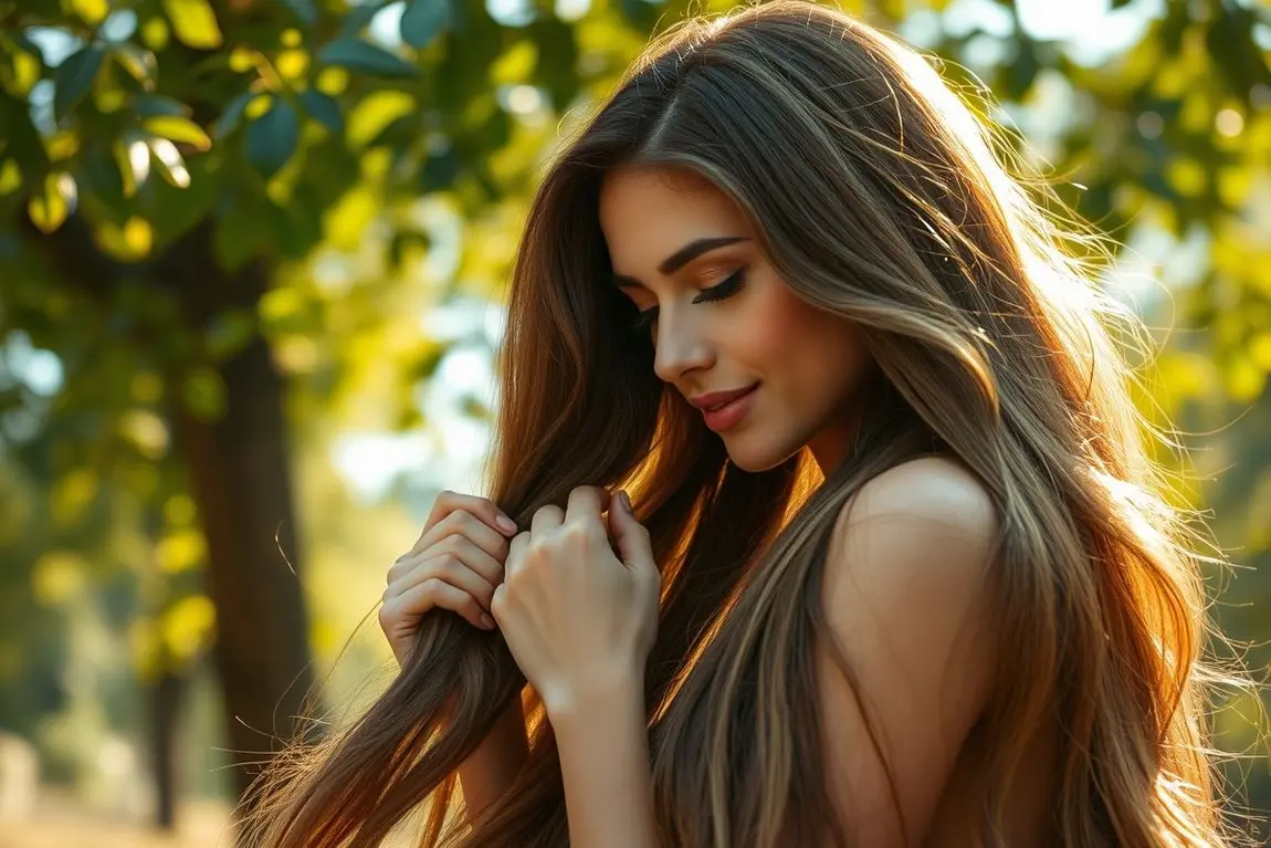 Mulher acariciando cabelos longos e saudáveis ao ar livre, luz natural suave