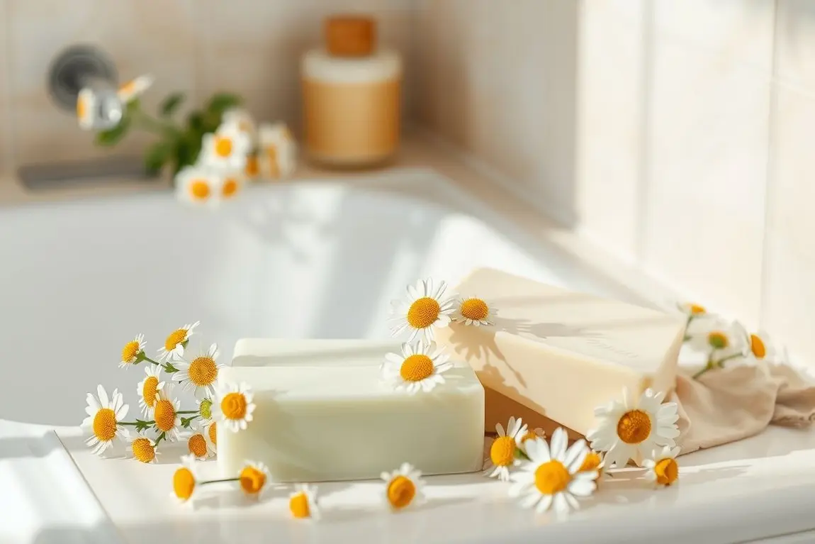 Sabonetes artesanais de camomila em ambiente delicado e iluminado, com flores e elementos naturais