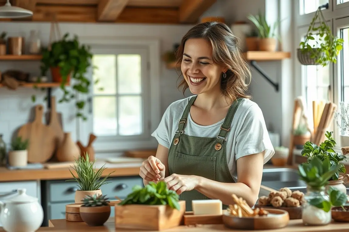 Mulher sorridente preparando sabonete artesanal em cozinha iluminada e natural.