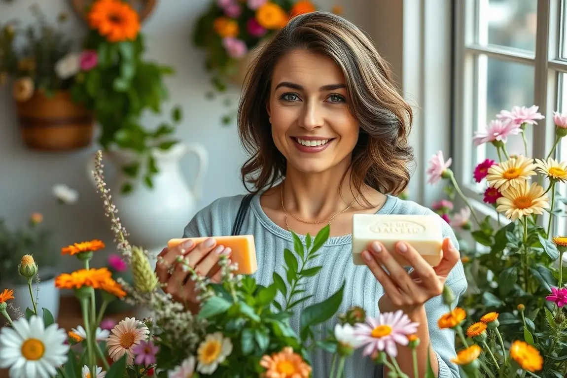 Mulher sorridente segurando sabonetes artesanais naturais com plantas ao redor